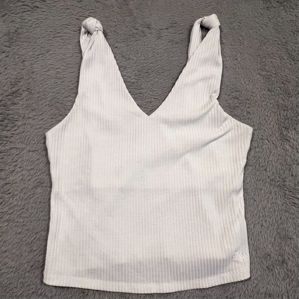 Miss Me Cropped‎ Tank Top White Shoulder Knots Ribbed Women's M